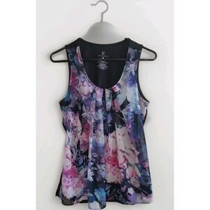 NY & Co SZ S Whimsical Goth Sheer Floral Layered Pleated Sleeveless Blouse Top